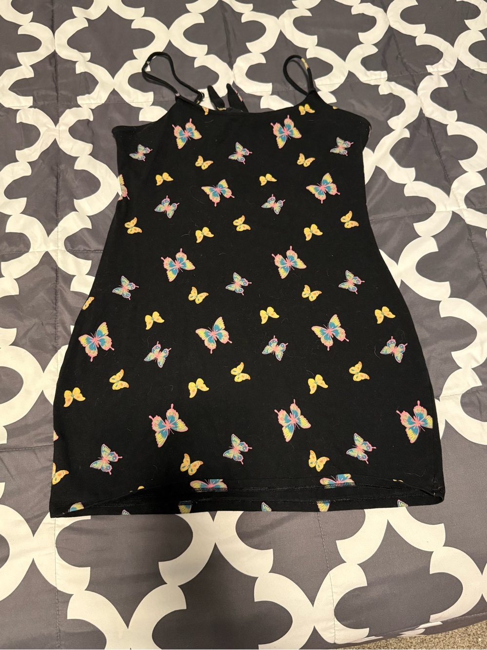 Source Unknown Black Mini Dress with Multicolor Butterfly Print